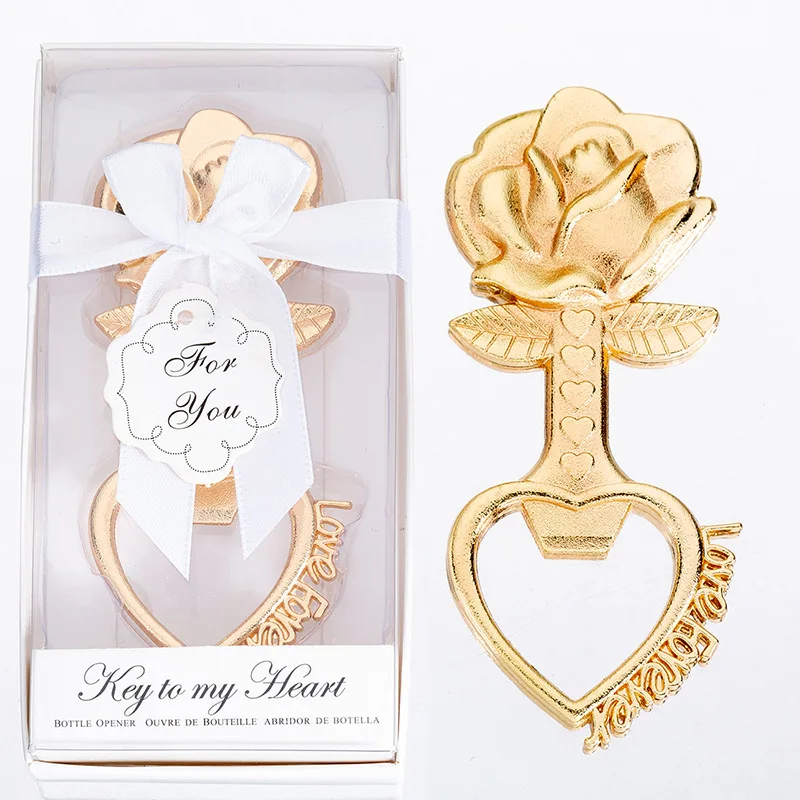 

20Pcs Solid Gold Rose Key to My Heart Bottle Opener Wedding Favors Bulk with Gift Box Bridal Shower Souvenir Gifts