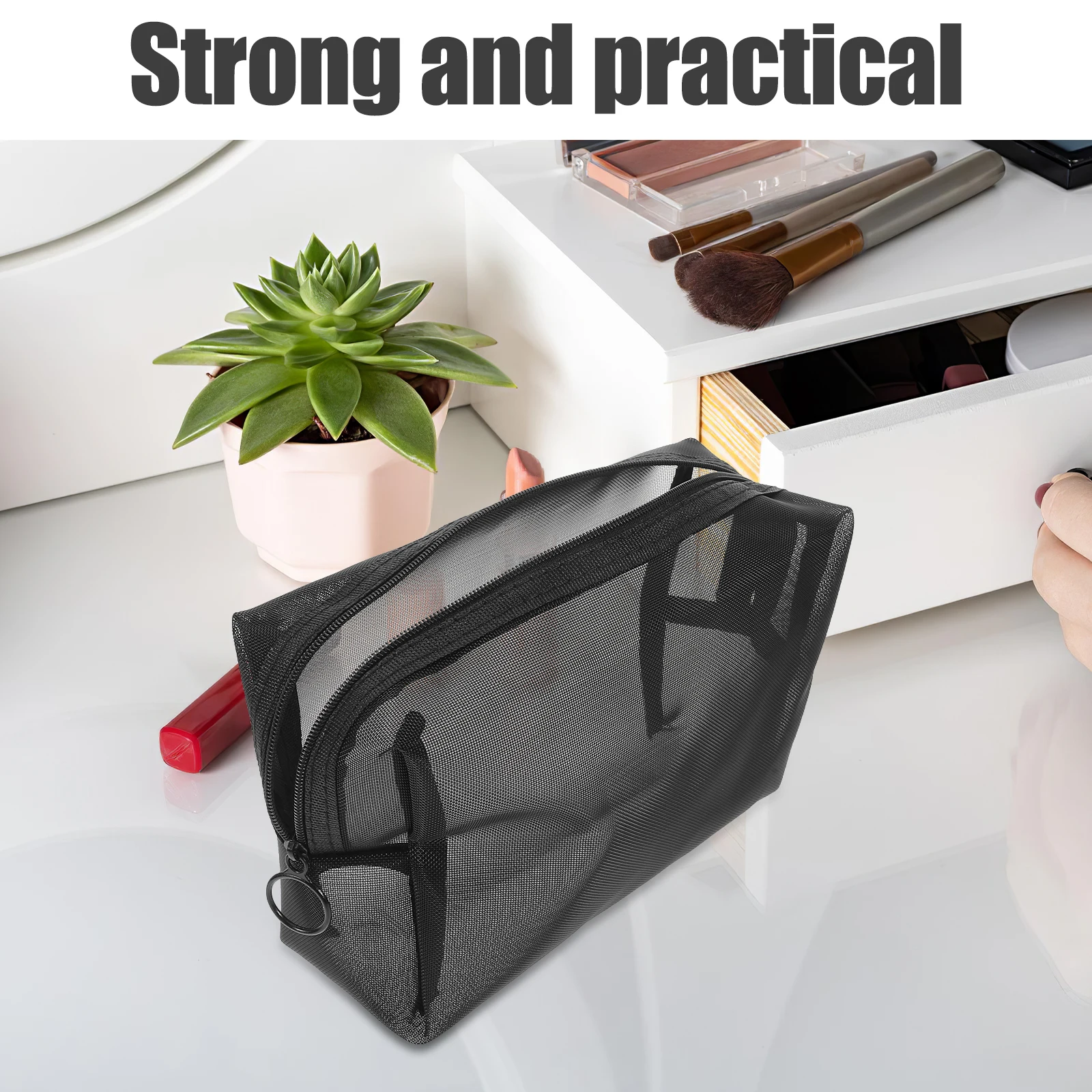 حقيبة مكياج شبكية مكونة من 3 قطع، حقيبة سفر شفافة لتنظيم أدوات الزينة للاستخدام اليومي - محمولة بسحاب #2