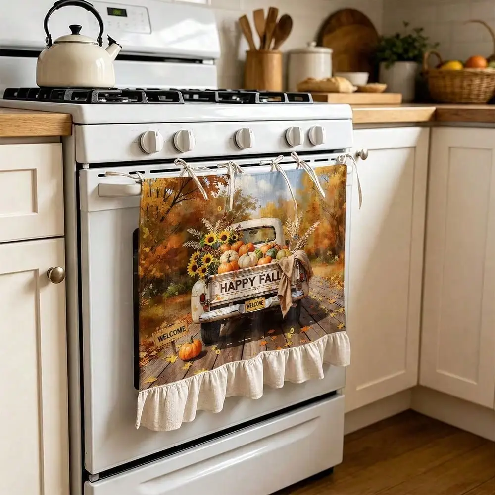 2D Autumn Harvest Truck Pattern Multi-Functional Decorative Curtain, Suitable Kitchen Skirt, Oven Cover, Washing, Dishwasher, Bathroom Window Treatment, and Kitchen Decor, Halloween Kitchen Apron