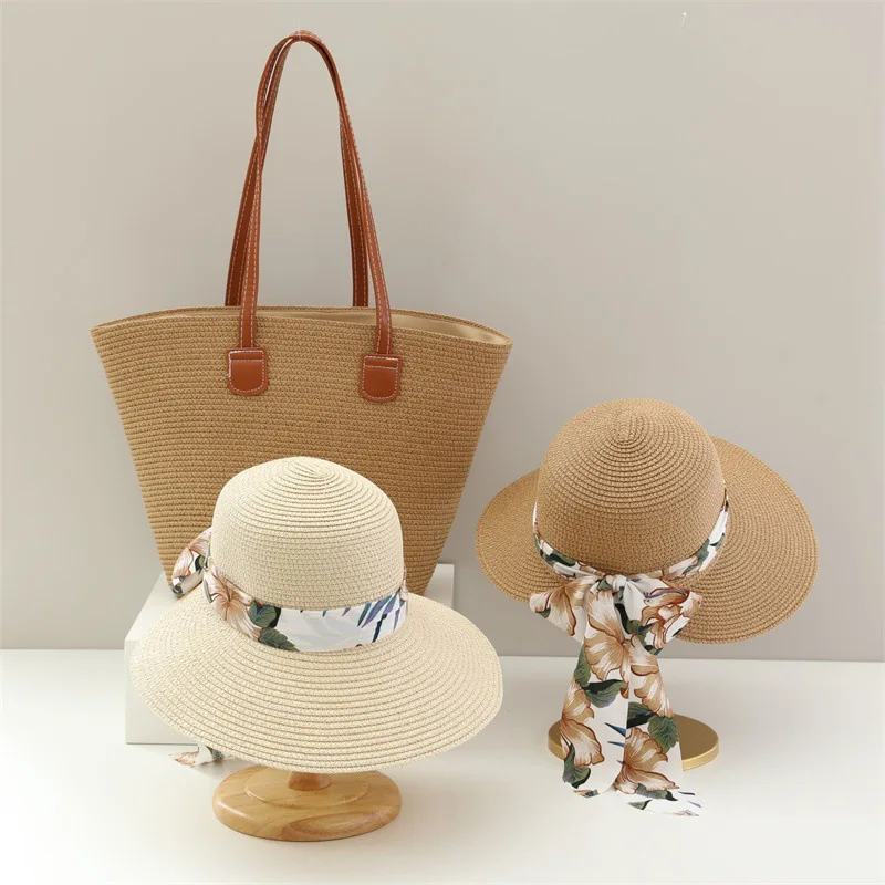 USPOP Tow-pieces Set Straw Hat and Bag Wide Brim Sun Hats with  Sweet Chiffon Flower Print Ribbon Bow Large Capacity Straw Bag