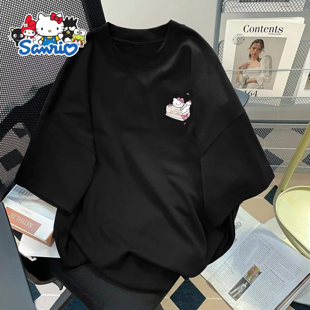 Hello Kitty, милая футболка с мультяшным принтом Sanrio, новая летняя женская хлопковая футболка больших размеров, свободный повседневный модный топ с короткими рукавами