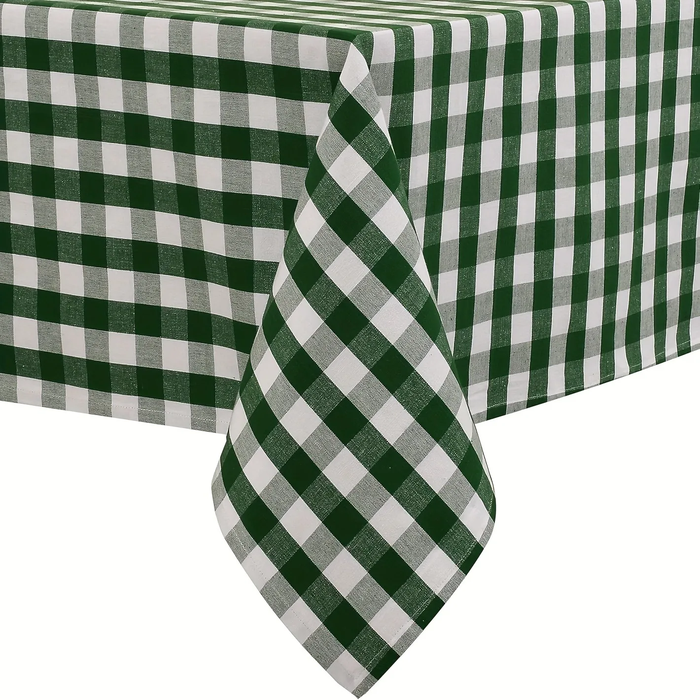 One tablecloth in a classic green and white check pattern, with a country style design.