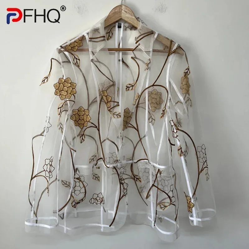 PFHQ Embroidery Mesh Designer Men\'s Versatile Casual Blazer 2024 Long Sleeve Contrast Color Male Tops Fashion 21Z5489