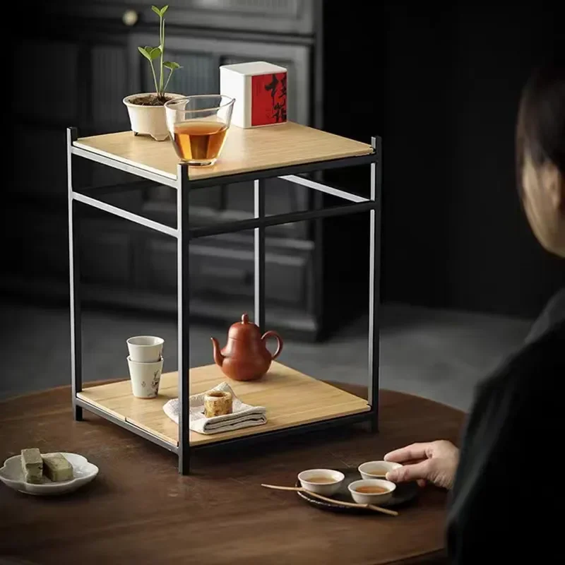 Bamboo Double Layer Tea Cup Rack Desktop Teapot Storage Stand Wrought Iron Square Organizer For Kitchenware And Tableware