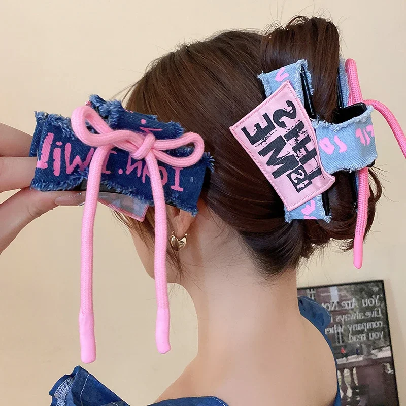 1/2 Pcs Jean Letter Pink Blue Fabric Bowknot Hair Claws for Women Sweet Cool Shark Clip Christmas Temperament Accessories