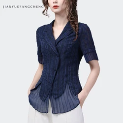 2024 Summer Lightweight Chiffon Top Women's Suit Collar Slim and Fashionable Short Sleeve Blue Striped Button-down Shirt