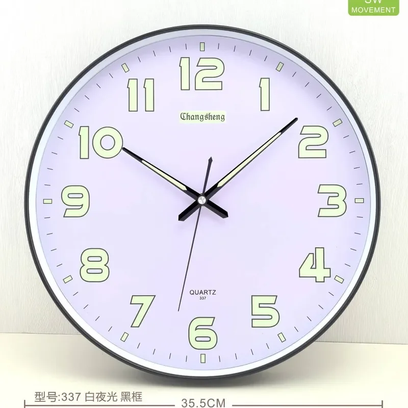 Luminous Silent Wall Clock for Living Room 14 Inch Round Simple High End No Punching Glow in the Dark Clock for Wangzhai