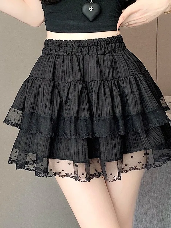 Sweet Girl's Lace Trim Cake Skirt High Waist Anti-Light Fluffy Short Elastic Waist Half-length Skirt Ins Style Teenage Girls'...