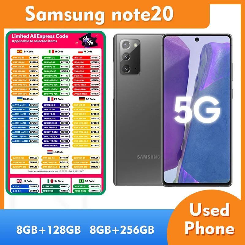هاتف Samsung Galaxy Note 20 5G 8GB RAM 128GB ROM الذكي أندرويد شاشة 6.7 بوصة NFC غير مقفول بحالة جيدة هاتف مستعمل