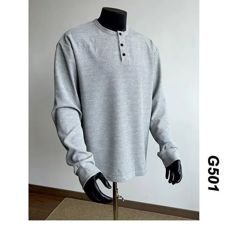 

New original 2024 autumn and winter waffle all match henley collar long sleeved T shirt men's casual sports waffle T shirt top