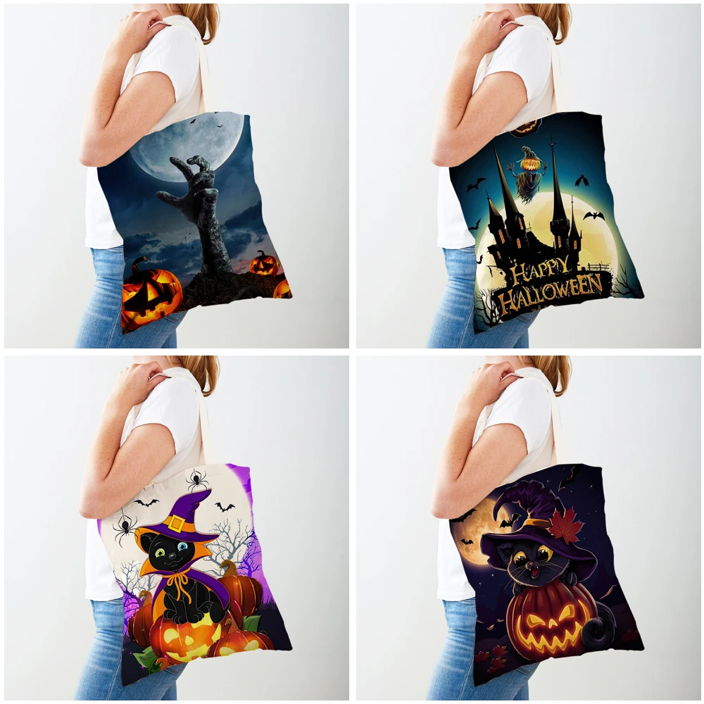 Sac à provisions en toile à double impression Happy Halloween pour femmes, sacs à provisions décontractés pour dames, sacs à main fourre-tout de voyage pour fille, crâne de dessin animé et Aliments