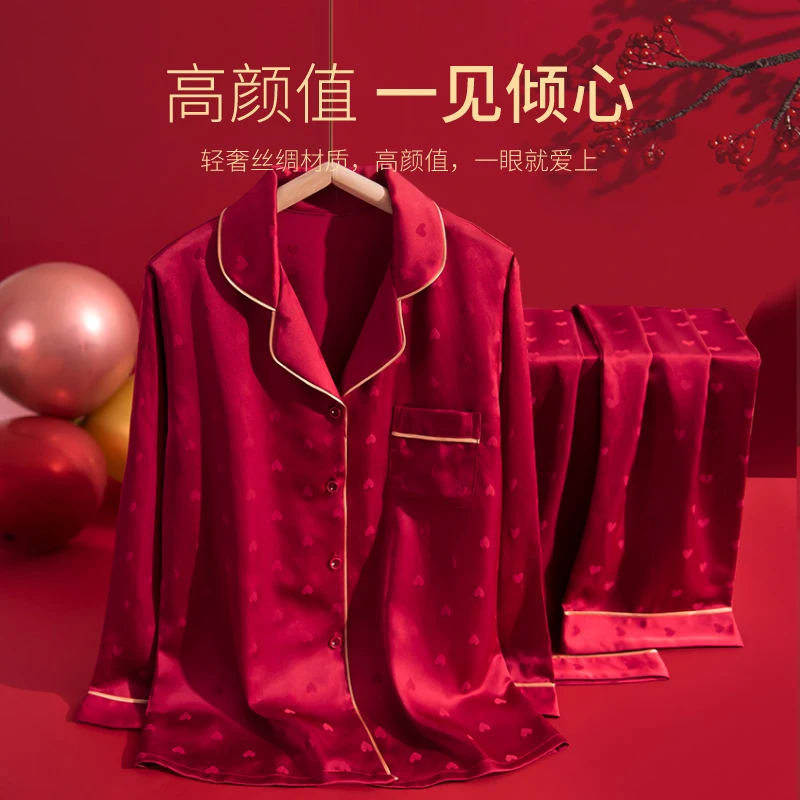 Primavera outono feminino mancha de seda pijamas conjunto bonito amor impressão topo e calças pjs chinês sorte vermelho lounge conjuntos casa wear conjunto senhora