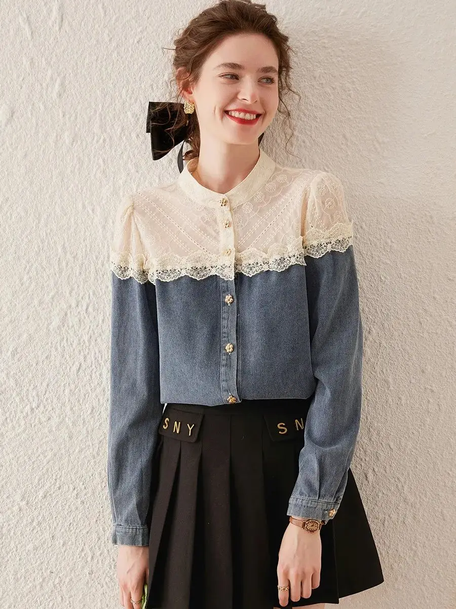 LOUIS YAO Women Color Block Lace Stand-Up Collar Shirt 2023 Autumn Fashionable Denim Blue Long-sleeve Top