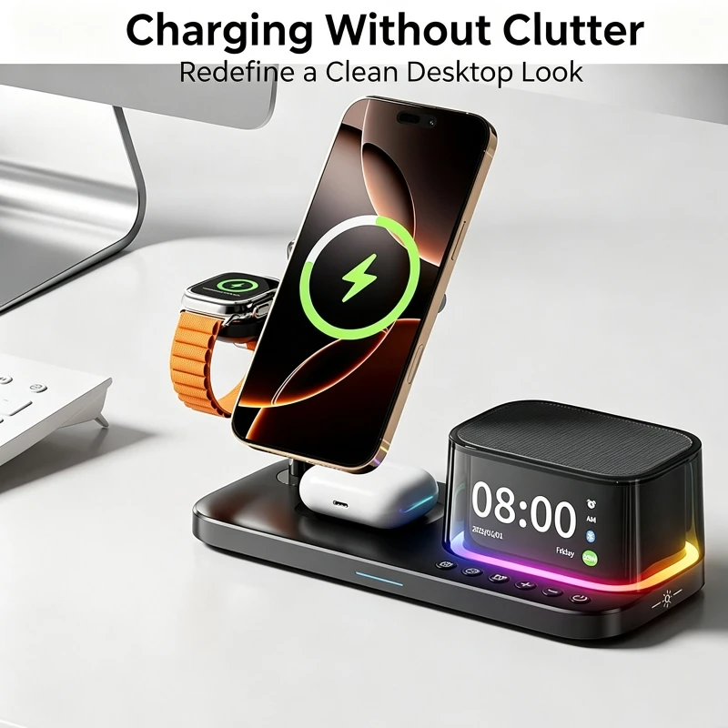 25W 5-in-1 Magnetic Wireless Charger for Phone and Watch Bluetooth Speaker Alarm Clock Night Light Fast Charging Station Qi2