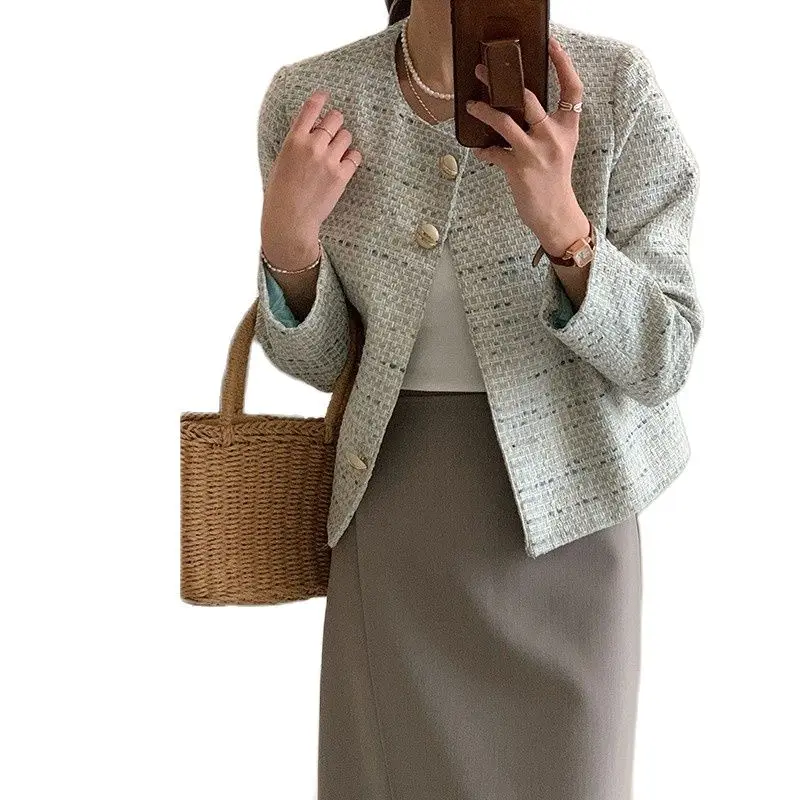 

2023 Spring Fragrance Tweed Jacket Female Coat Long Sleeve Button Short Autumn Casual Women Office Outwear