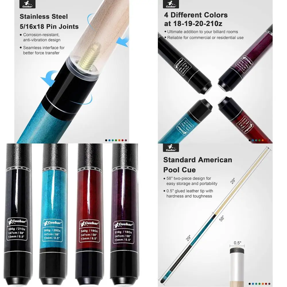 

Set of 4, 58-Inch 2-Piece Pool Cues, Adult-Sized, 18-21 oz Weights, Bar Billiards Sticks with Synthetic Leather Grip