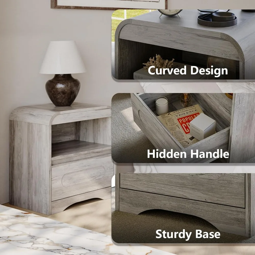 طقم منضدة رمادية مكونة من 2، منضدة مع أدراج، منضدة حديثة مقاس 22 بوصة، طاولة جانبية للسرير، حامل بجانب السرير كبير، طاولة نهاية واسعة مقاس 18 بوصة #6