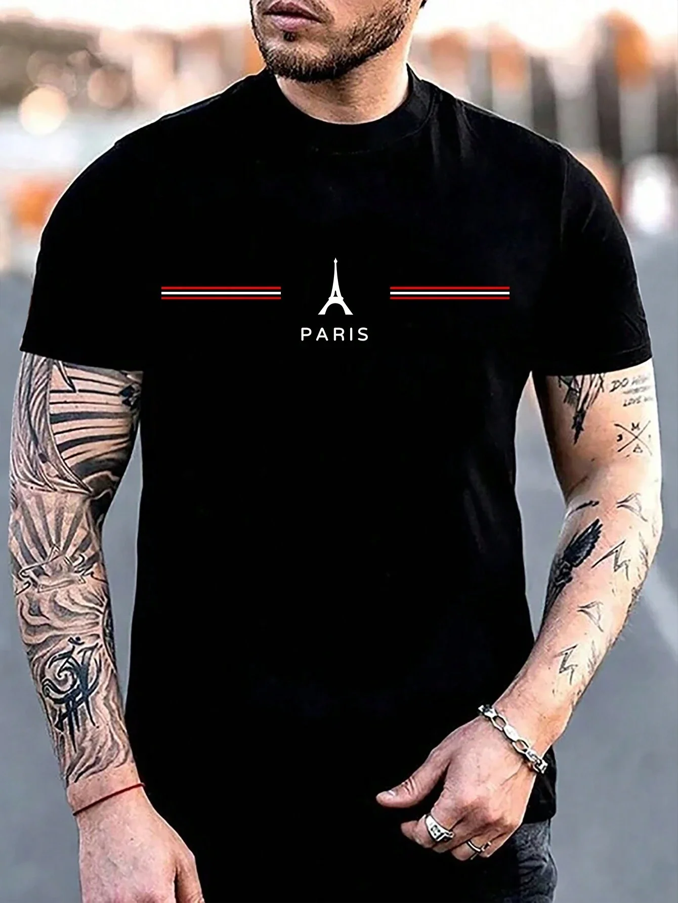 Men\'s 100% cotton summer loose size comfortable PARIS letter print slim fit casual sports round neck short sleeved T-shirt top