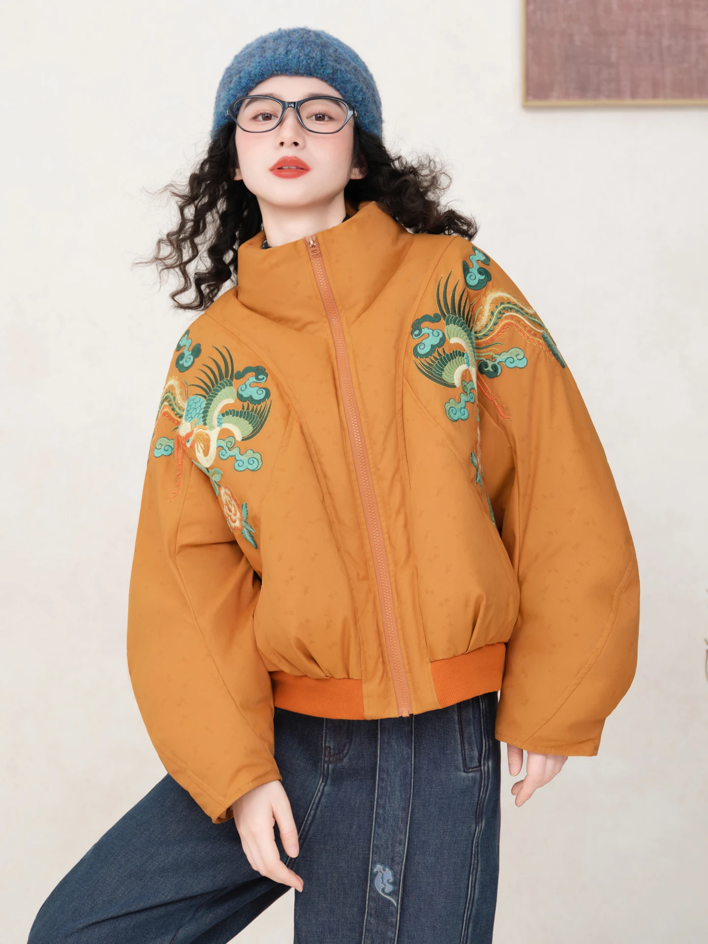 

Original SOLO Winter Warm Embroidered Jaet ort Stand Collar down Coat Vintage Sle Polyester Fiber Du down Filling