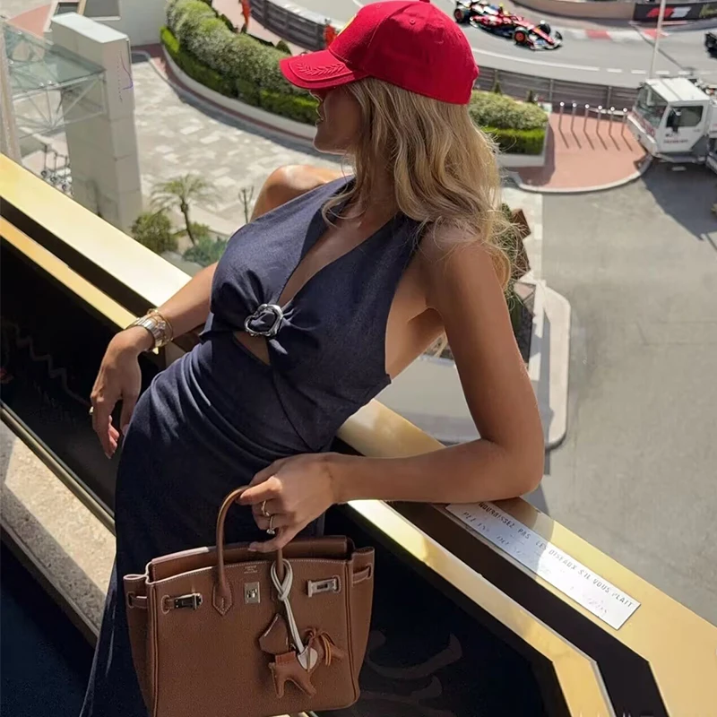 Denim Dress Summer 2025 New Fashion Slim V-neck Hanging Neck Elegant Long Dress Women Street Holiday Chic Youth Party Dress