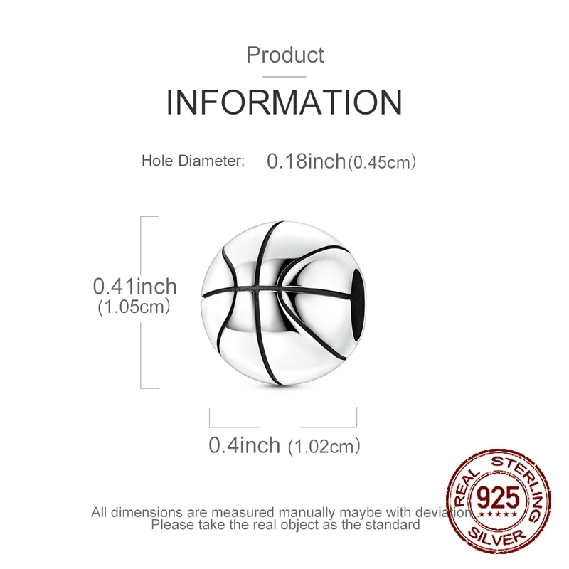 925 Sterling Silver Basketball Bead Charm Black Enamel Seams & Polished Finish Fit Bracelets Jewelry Gift for Men Women Kids view 2