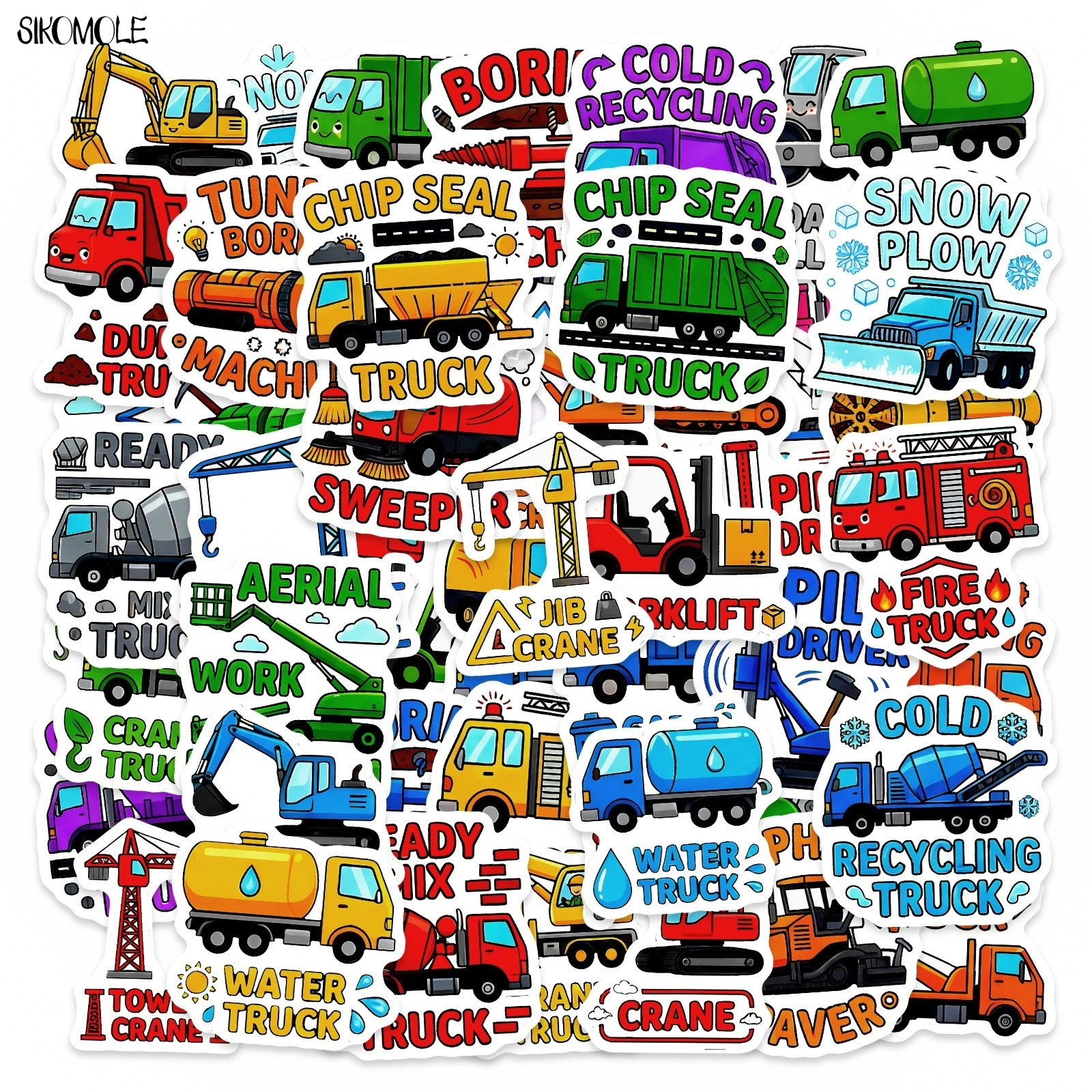 10/30/50PCS Cartoon Truck Construction Vehicle Car Stickers Book DIY Skateboard Toys Guitar Luggage Decoration Graffiti Sticker