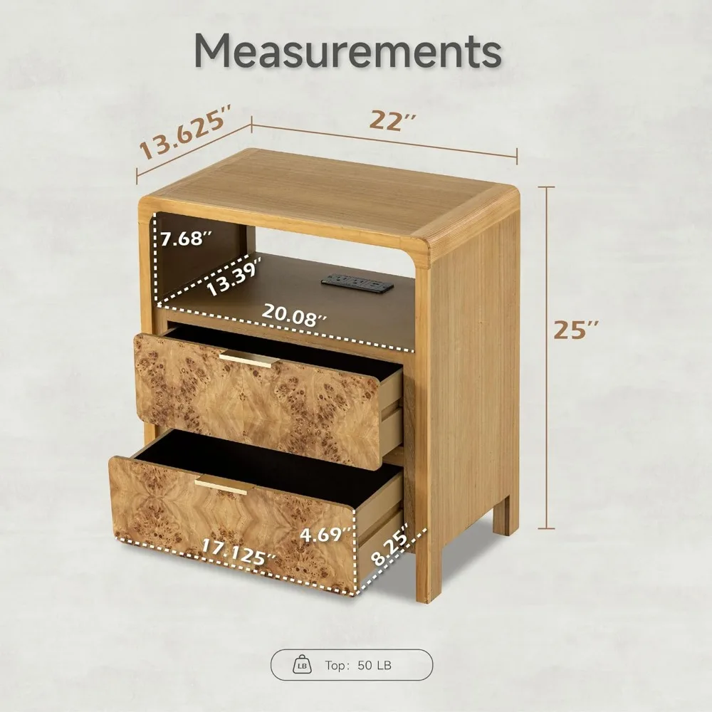 Farmhouse Bedside Table 2-piece Set with Charging Station, Side Table with Power Socket and USB&Type C Ports Bedroom Furniture