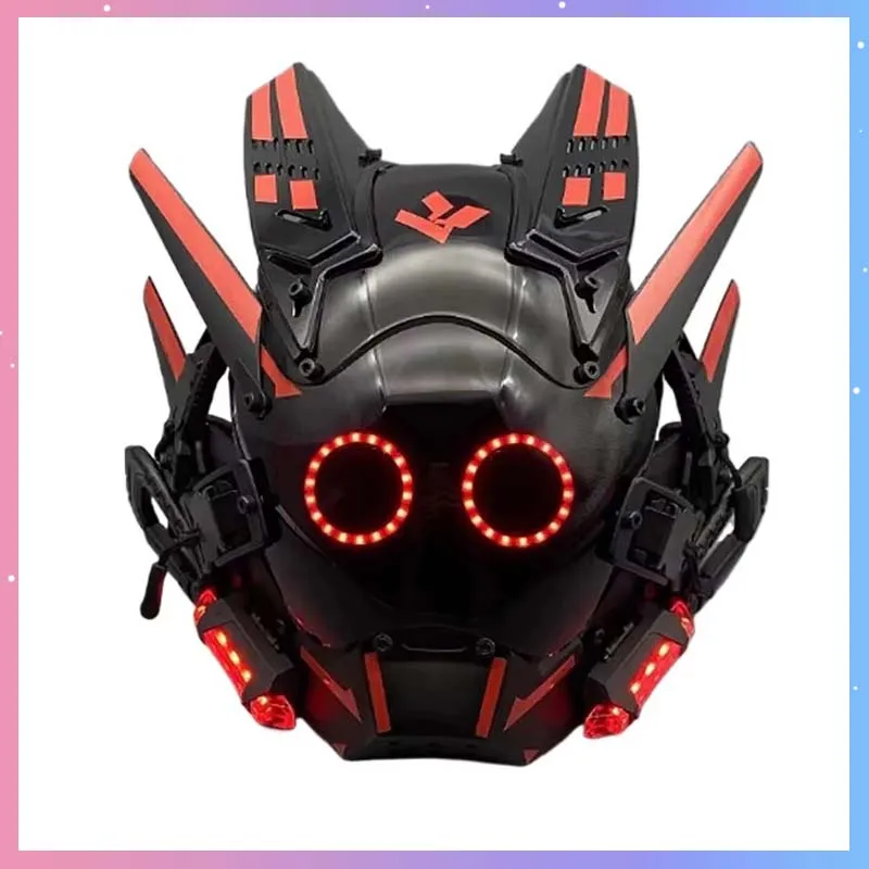 Cyber Punk Mask Halloween Cosplay Costumes Mech Samurai Mask With Dual LED Circle Light Carnival Party Bar Coser Props Gift