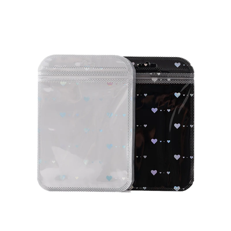 50pcs heart Shaped Pattern Self Sealing Bags Holographic Laser Plastic Pouches Resealable Zip Lock Packaging For Jewelry Display