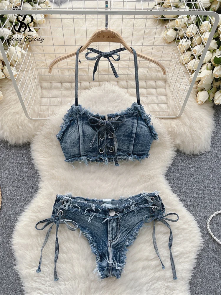 SINGREINY Retro Women Bikini Denim Suits Summer Halter Camis+ Mini Pant Lingeri…
