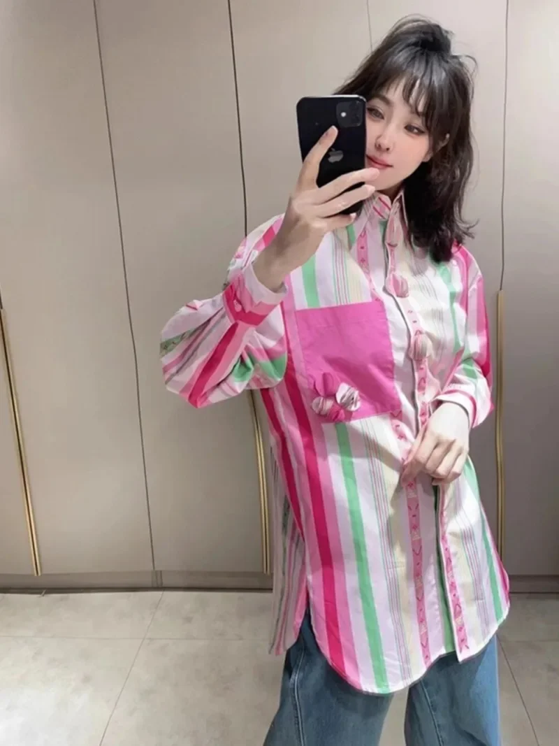 2024 New French Autumn Design Unique Pink Striped Shirt Top For Women