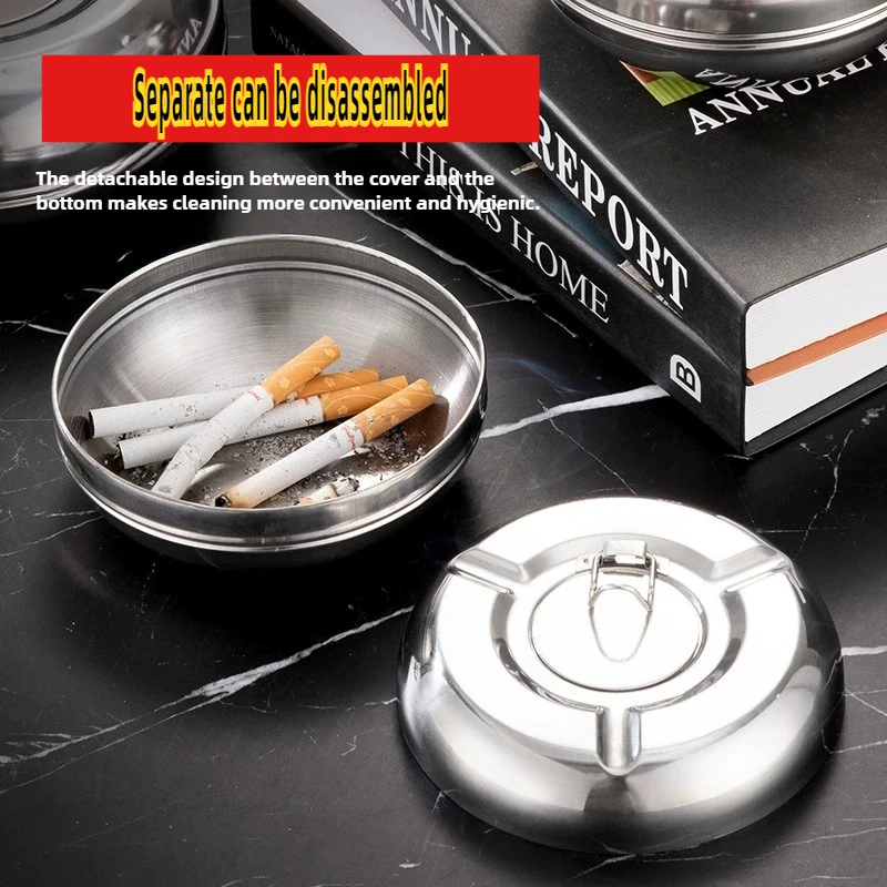 

Stainless Steel Windproof Ashtray with Lid Home Office Decor Cigarette Tray Gift