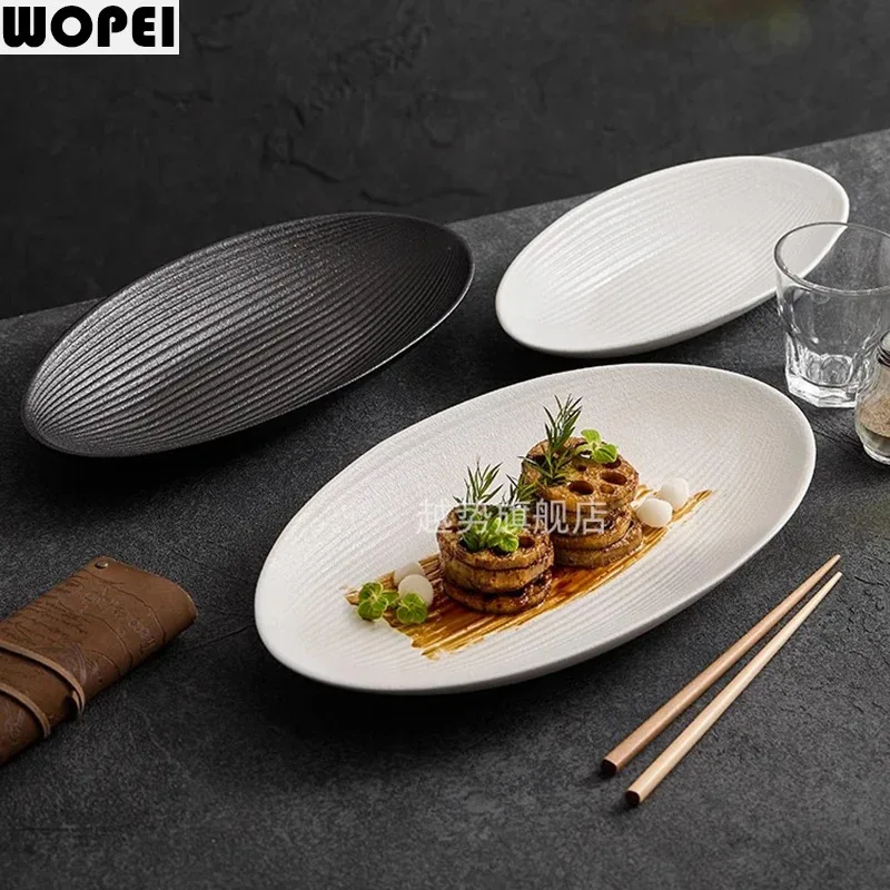 Matte Striped Ceramic Plate Oval Fish Plate Dessert Dish Fruit Salad Plate Serving Plates Restaurant Molecular Cuisine Tableware