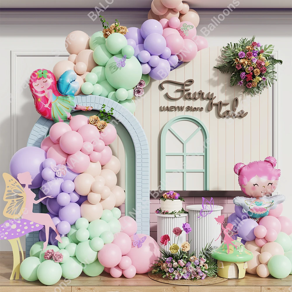 140pcs Macaron Pink Green Balloon Garland Little Fairy Foil Globos for Flower Fairy Princess Birthday Party Baby Shower Decor