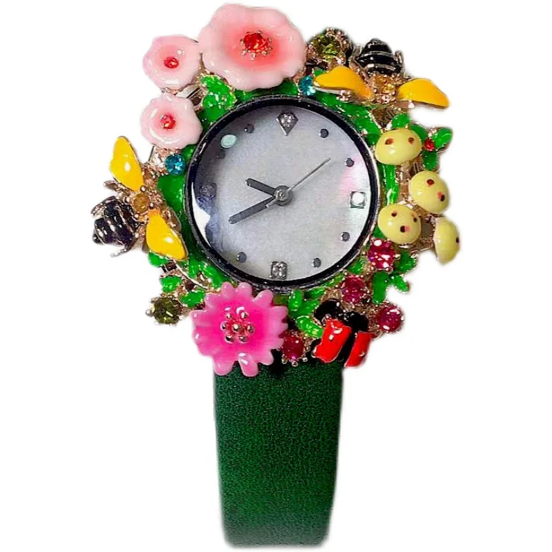 Vintage middle enamel green light luxury belt women's watch gift girlfriend