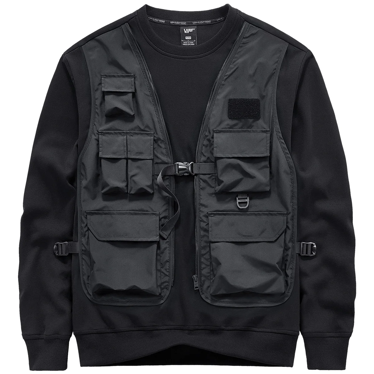 

VIP Function Men's round Ne Long Sve Sweatirt Multiple kets Patchwork Design Trendy Top Casual Loose Fit Cotton Pol...