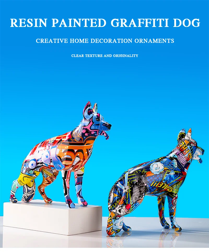 Kreative Bunte Kunst Tierfigur Deutscher Schäferhund aus Kunstharz Heimdekoration Farbenfrohe Moderne Schlichte Wohnraumdekoration – Detail 1