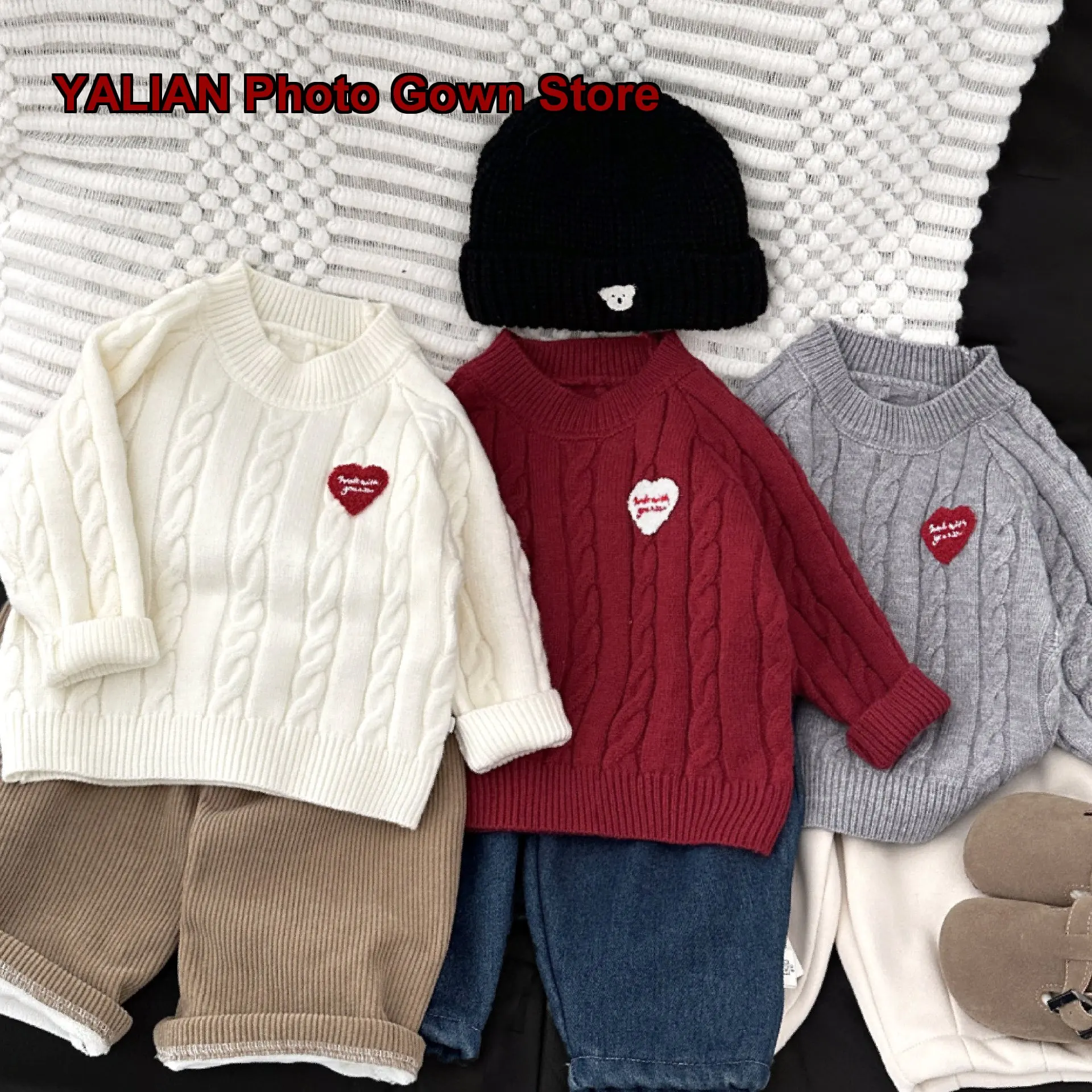 Boys Thickened Knitted Sweater Newborn Infant Autumn Winter Embroidered Heart Cable Pattern