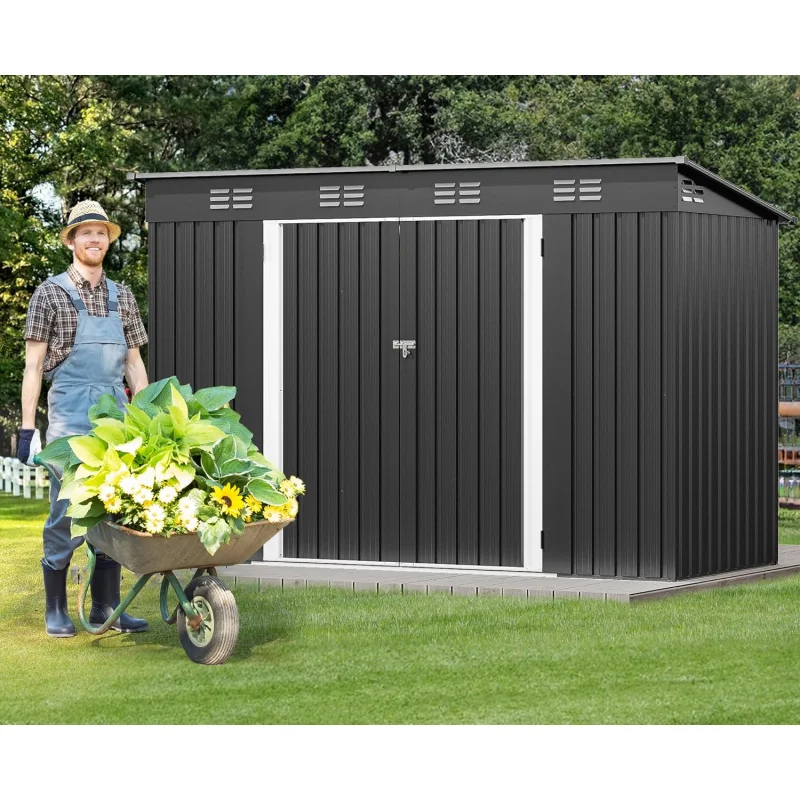 mDWVO 9.1' x 4.2' Outdoor Shed,Large Metal Tool Sheds,Heavy Duty Storage House with Lockable Doors & Air Vent for Backyard