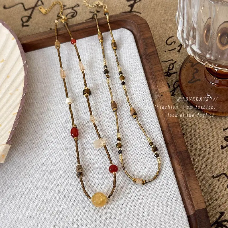 

Natural Stone Beaded Short Choker Necklace for Women New Chinese Zen Style Unique Premium Collarbone Chain Lightweight Elegant