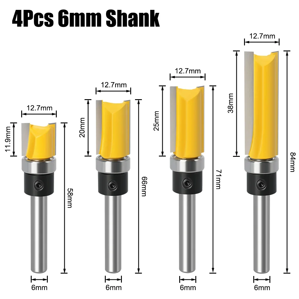 

4PCS 1/4" 6mm Shank Flush Trim Router Bit Blade Template Pattern Bit Bearing 1/2" Straight End Mill For Woodworking