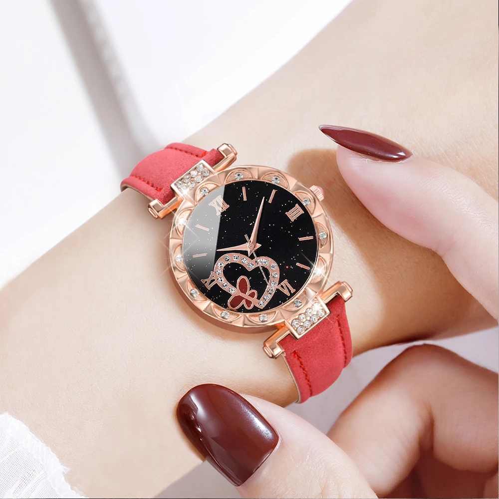 Red Ladies Quartz Watch 6PCS/Set Butterfly Heart Element Wristwatch PU Leather Strap Women Watch Jewelry Set Gift For Mom