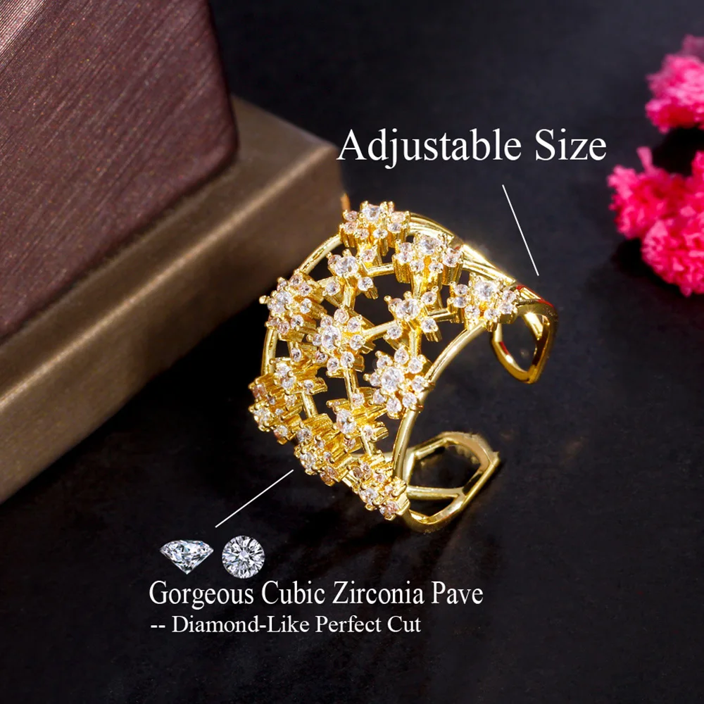BeaQueen New Fashion Cubic Zirconia Flower Hollow Cut Rings for Women Elegant Wedding Engagement Party Finger Jewelry Gifts R222