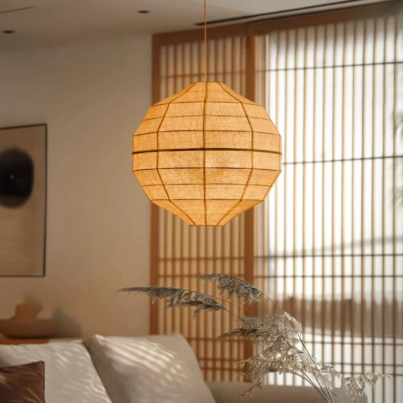 Japanese Wabi Sabi Sphere Fabric Pendant Light E27 Living Dining Room Bar Bedroom Homestay Study Vintage Home Decor Hanging Lamp