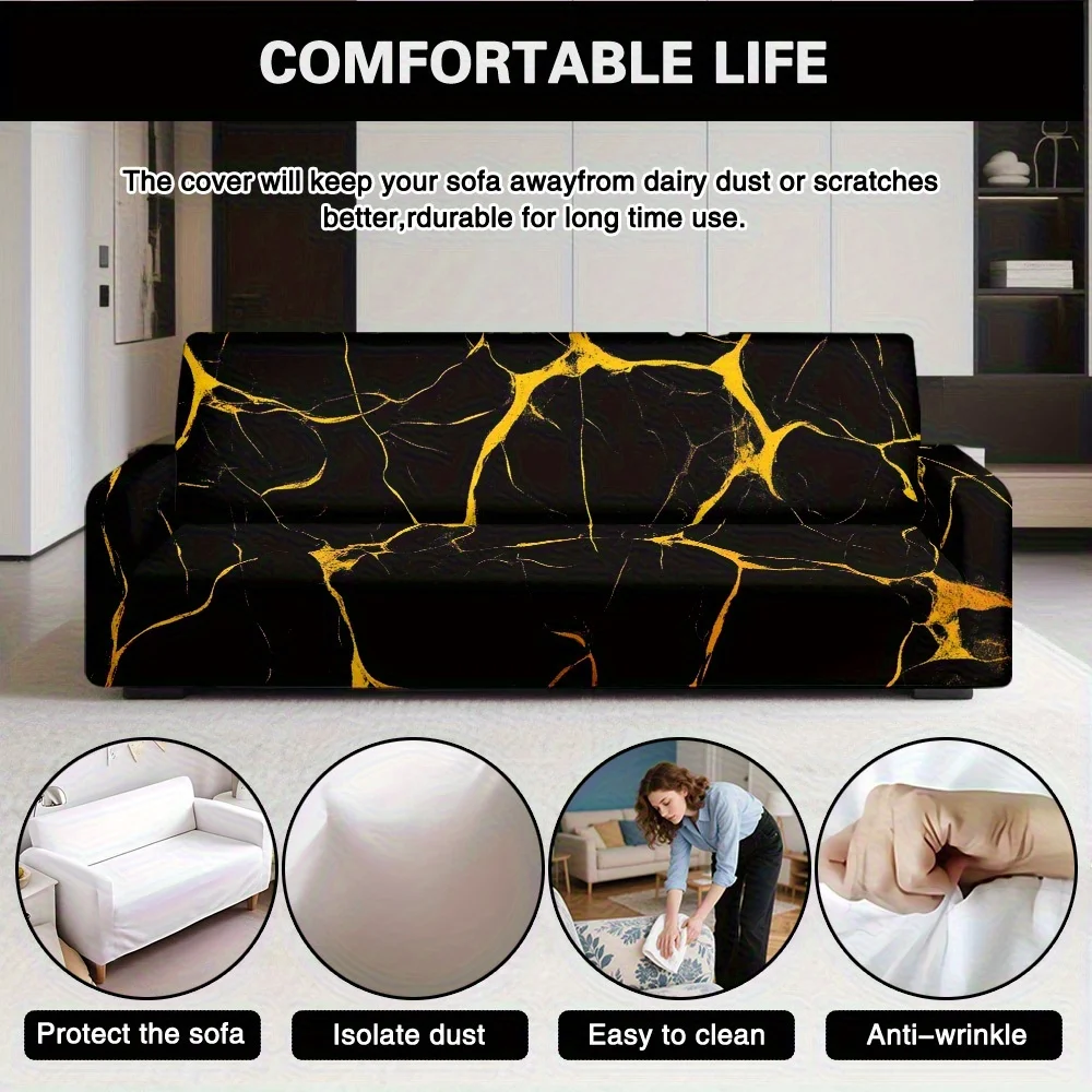 1pc Sofa Slipcover, Black Gold Marble Print Elastic Couch Cover for Living Room, Washable Modern Furniture Protector