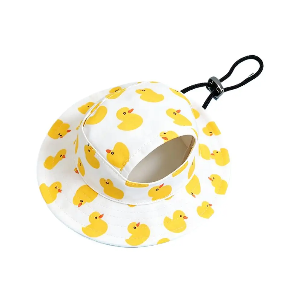 Printed Pet Fisherman Hat With Ear Holes Adjustable Chin Strap Summer Sun Protection Bucket Cap Headwear For Small Medium Puppy
