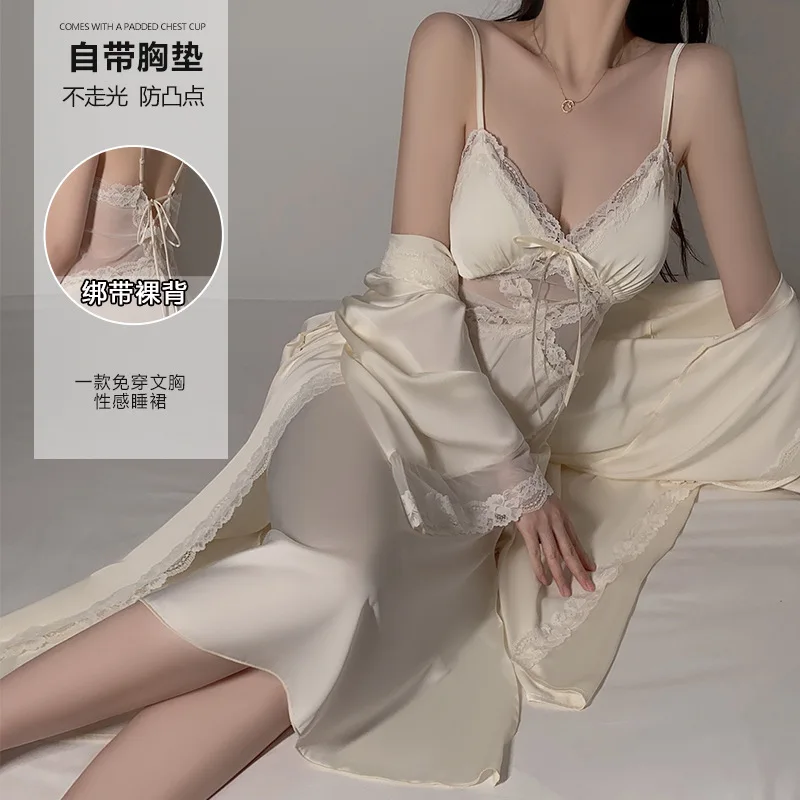 

Mesh Nightdress DeepVPadded Strap elegant dress Silky Robe Homewear Set