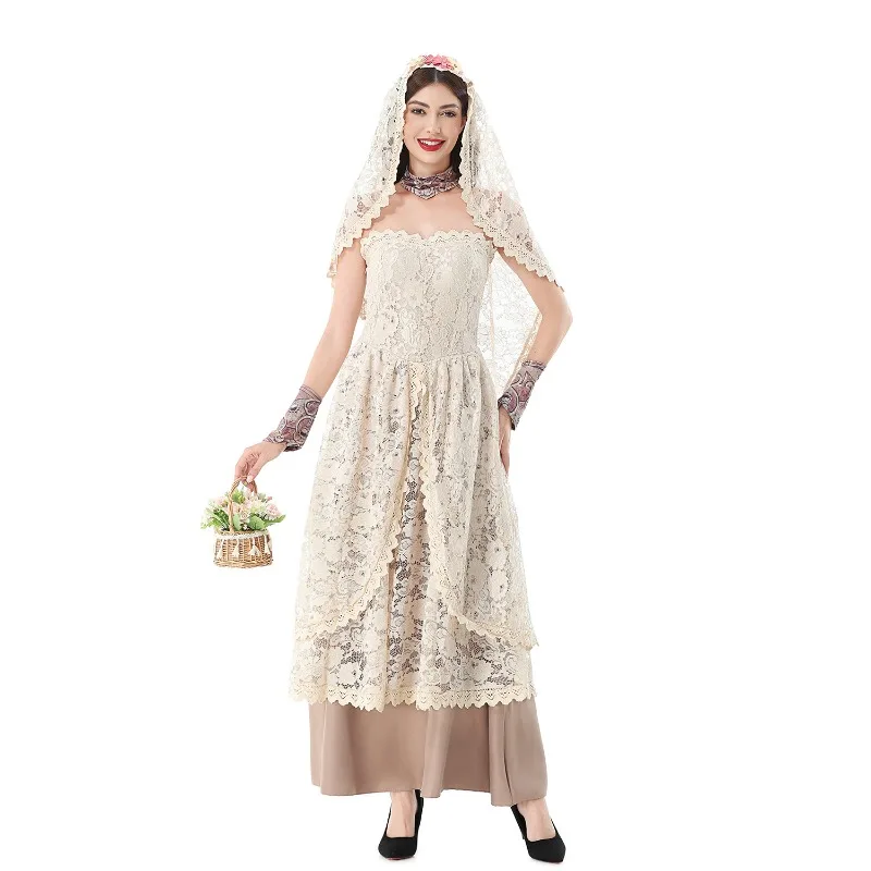 Women Vintage Lace Maxi Dress with Lace Veil Strapless Floral Long Gown for Halloween Wedding Theme Party Costume for Adult