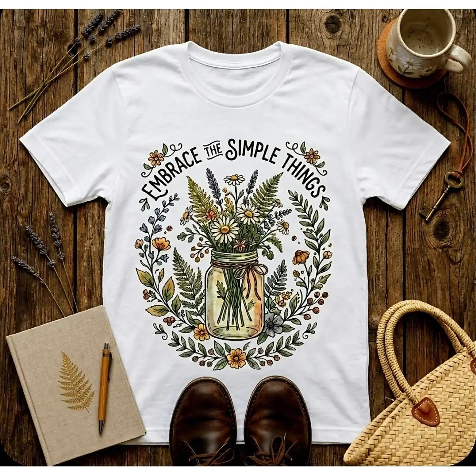 Embrace The Simple Things T Shirt Wildflower Mason Jar Nature Lover Rustic Cottagecore vintage Washed Casual Comfortable Unisex