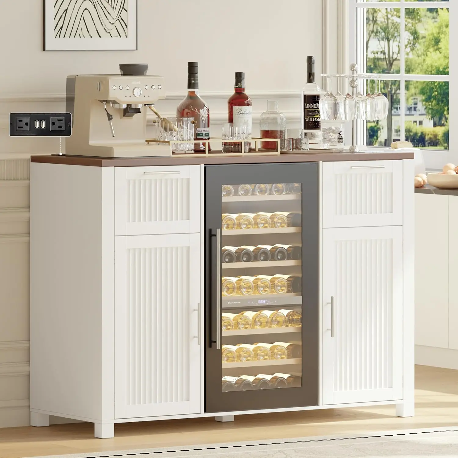 

Large Coffee Bar Cabinet with Fridge Space Power Outlet Pull Out Drawer Fluted Storage Kitchen Dining Room White Customized